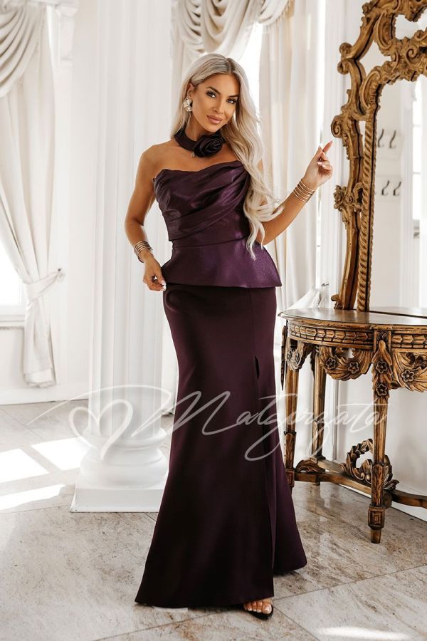 Plum-coloured maxi evening dress with a shimmering bodice – Loretta