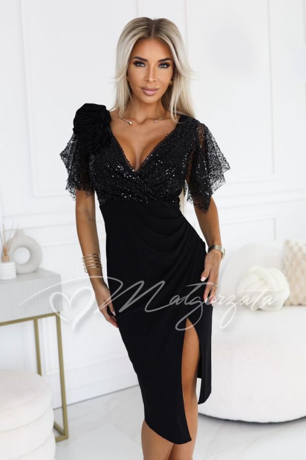 Black midi dress with sequins and a decorative top – Claudie By Małgorzata