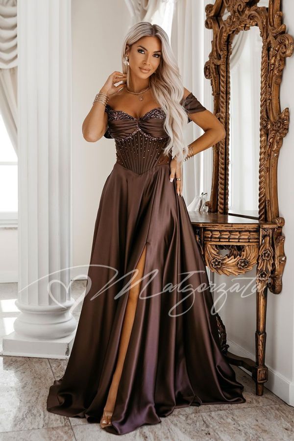 Chocolate-coloured maxi evening dress with a jewelled corset and off-the-shoulder design – Adelina