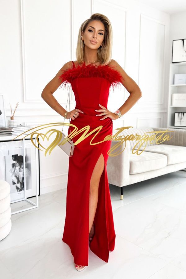 Amanda - sukienka gorsetowa długa z piórami czerwona