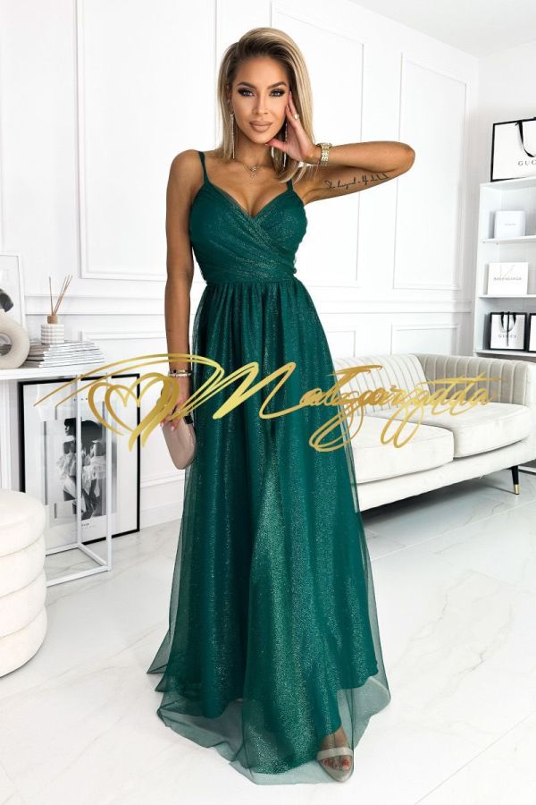 Sonia - sukienka tiulowa maxi brokatowa butelkowa zieleń