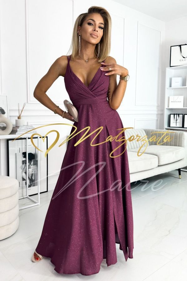 Plum long brocade dress on thin straps with envelope neckline - Julia