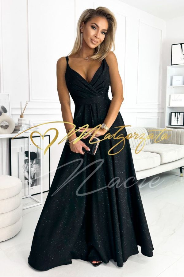 Black long brocade dress on thin straps with envelope neckline - Julia