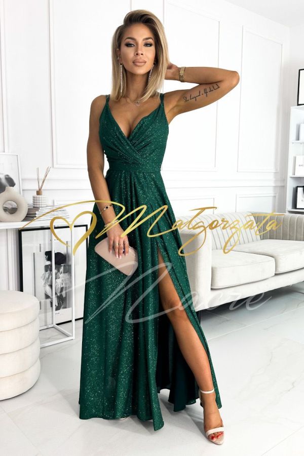 Dark green long brocade dress on thin straps with envelope neckline - Julia