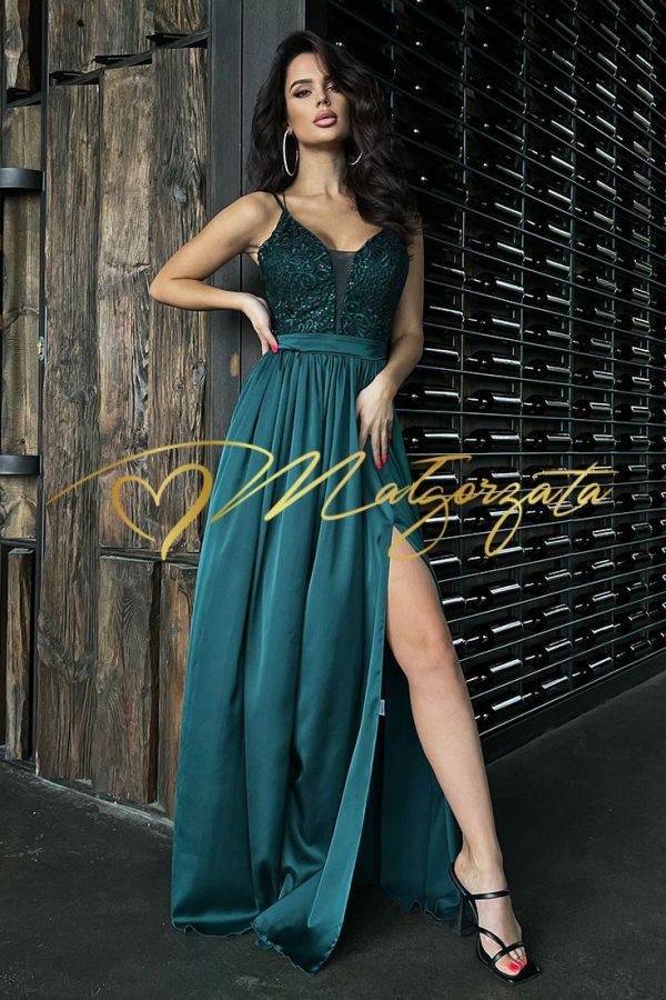 Megan - sukienka satynowa z koronkową górą butelkowa zieleń