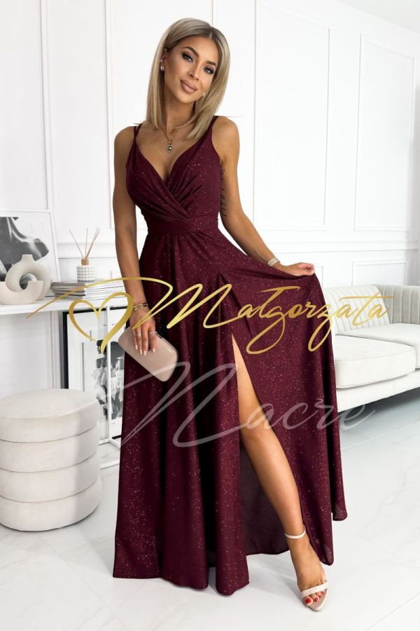 Maroon long brocade dress on thin straps with envelope neckline - Julia