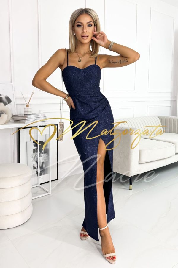 Navy blue fitted long brocade corset dress - Corin