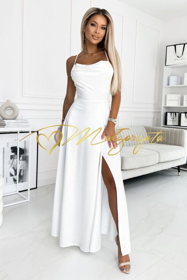 Colette - suknia ślubna satynowa biała rozkloszowana z dekoltem woda