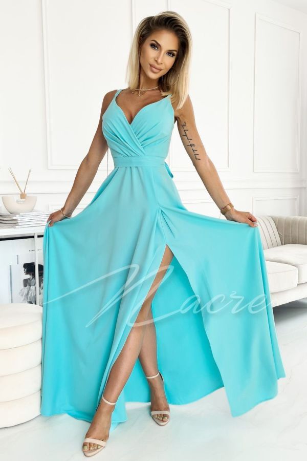 Mint long plain dress on thin straps with envelope neckline - Julia