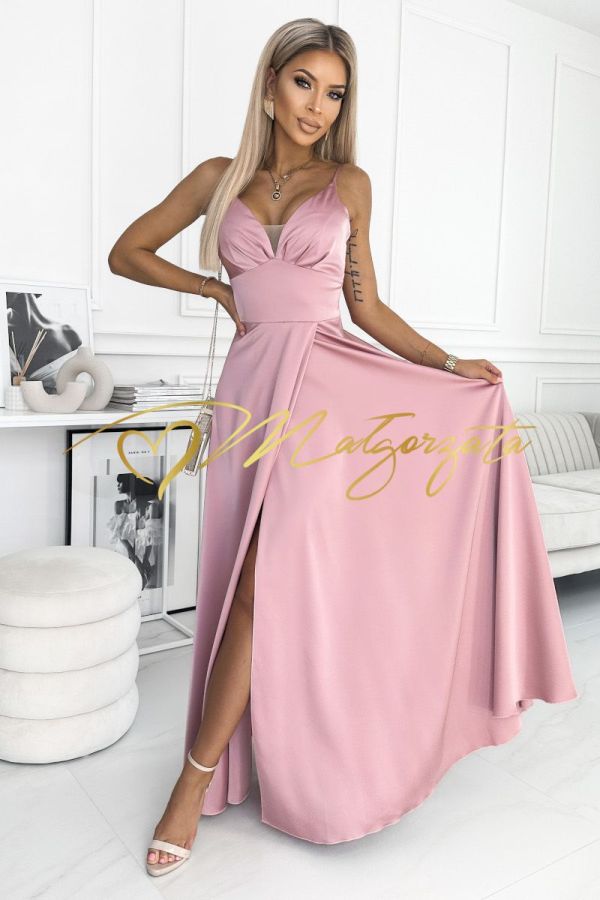 Ellis - satynowa sukienka z dekoltem z siateczką różowa