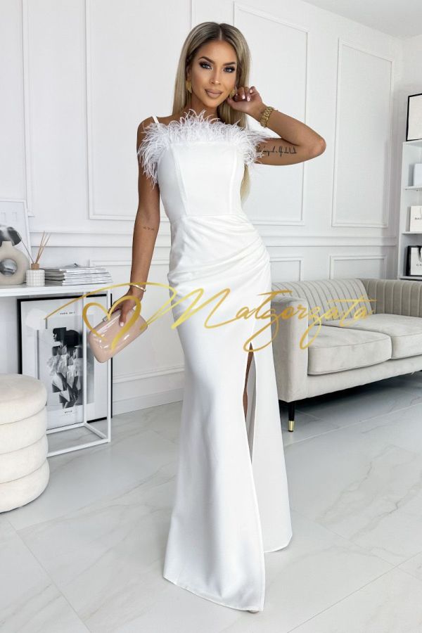Amanda - suknia ślubna gorsetowa długa biała z piórami