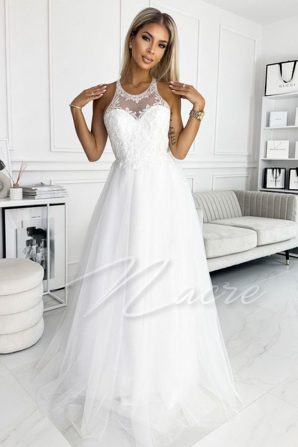 Long white corset wedding dress with built-in top - Dafne