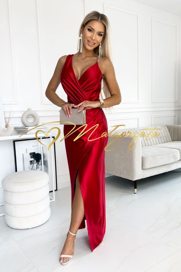 Aria - sukienka satynowa długa czerwona z łańcuszkiem