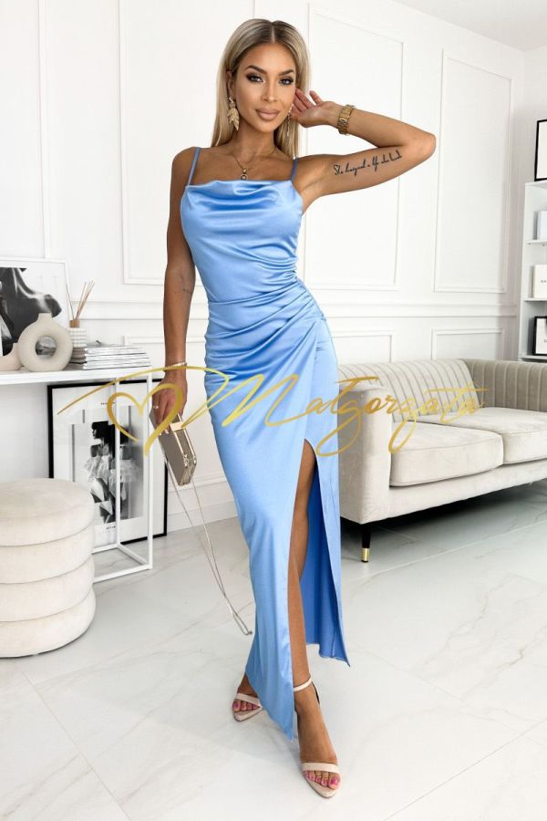 Bianka - sukienka satynowa z dekoltem woda długa błękitna