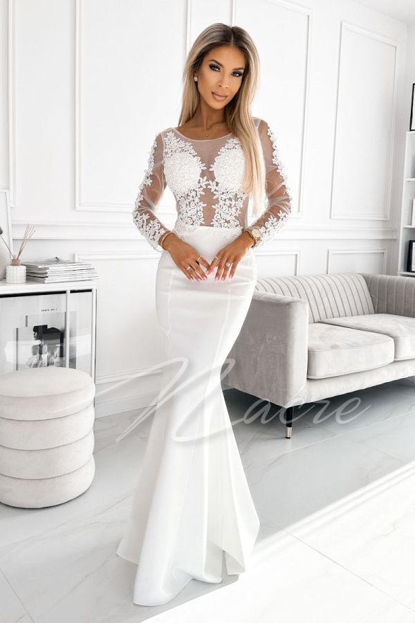 Long white fishtail cut wedding dress with long sleeves - Charlotte