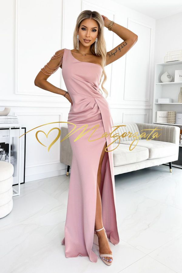 Luisa - sukienka na jedno ramię z koralikami różowa