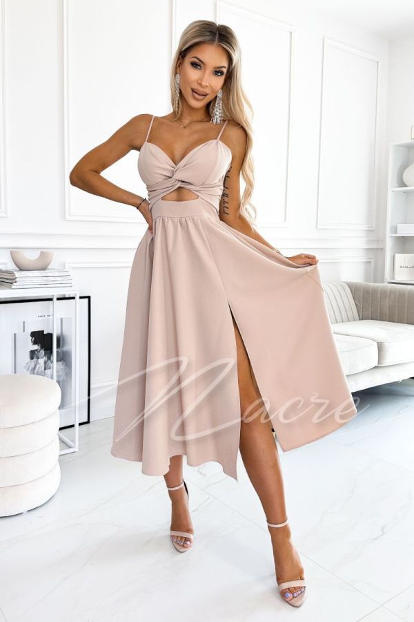Beige flared midi dress for wedding - Noelia