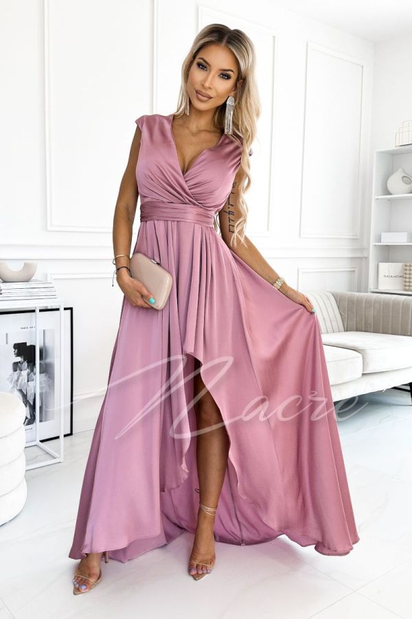 Pink satin asymmetrical dress with wide straps - Lupe
