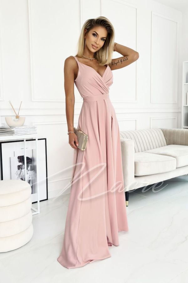 Pink long sleek smooth dress on thin straps with envelope neckline - Julia