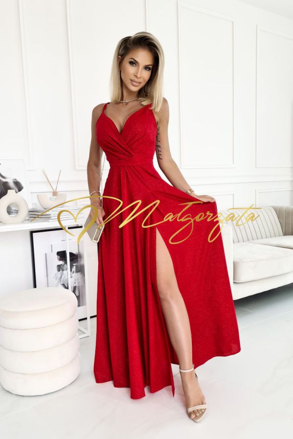 Julia - sukienka gładka na cienkich ramiączkach z kopertowym dekoltem długa czerwona
