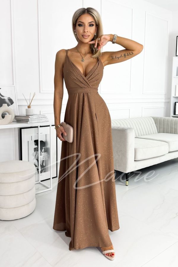 Brown long brocade dress on thin straps with envelope neckline - Julia