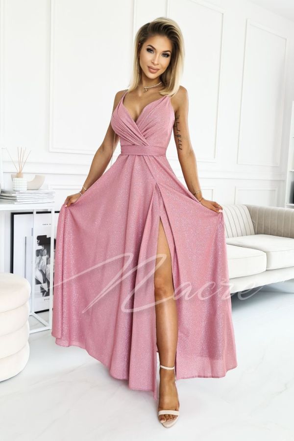 Heather long brocade dress on thin straps with envelope neckline - Julia