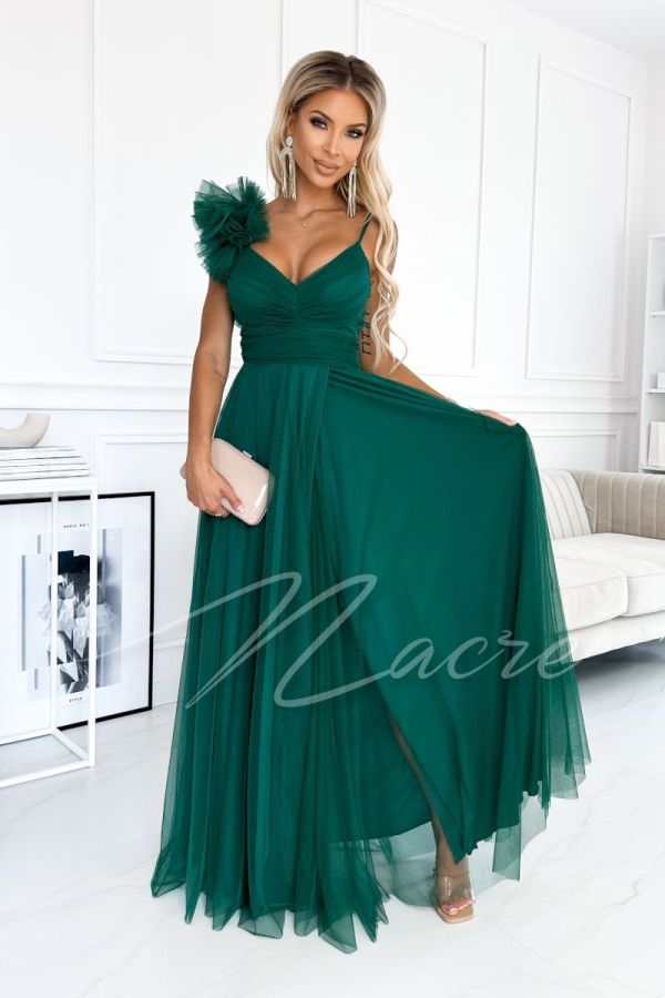 Dark green long tulle flared dress for wedding - Freya