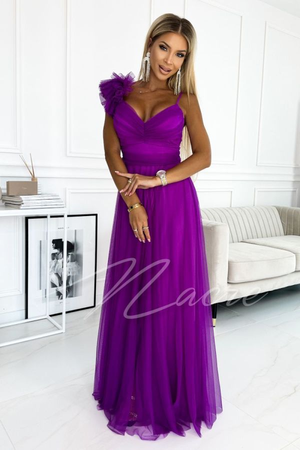 Plum long tulle flared dress for wedding - Freya