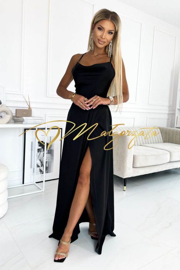 Malta - sukienka satynowa maxi z dekoltem typu woda czarna