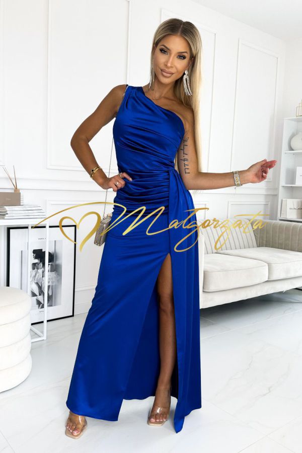 Loren - sukienka satynowa asymetryczna długa niebieska