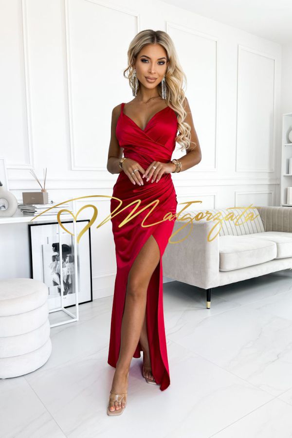 Satine - Sukienka satynowa na cienkich ramiączkach Czerwona