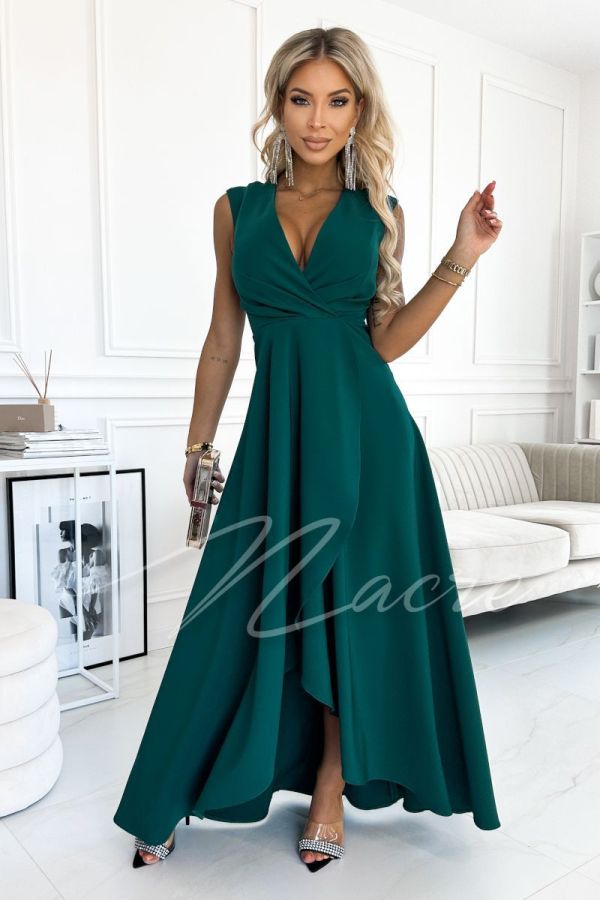 Dark green asymmetrical maxi dress with envelope neckline - Fiona