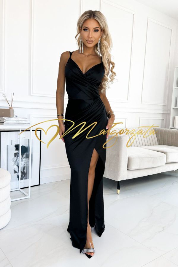 Satine - Sukienka satynowa na cienkich ramiączkach czarna
