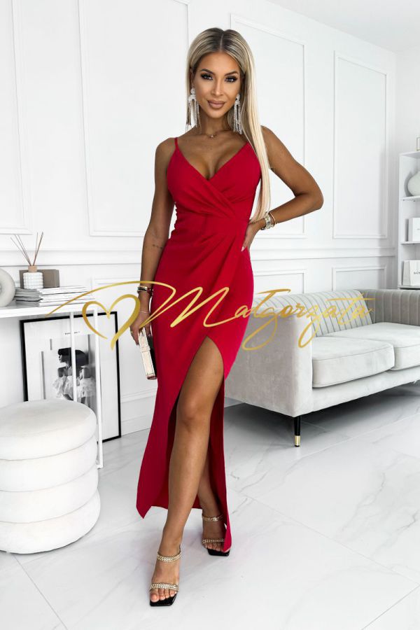 Enrica - sukienka  maxi dopasowana z kopertowym dekoltem czerwona