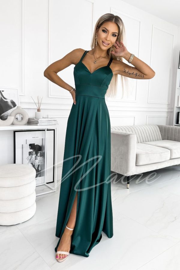 Dark green satin dress with double straps - Malwina