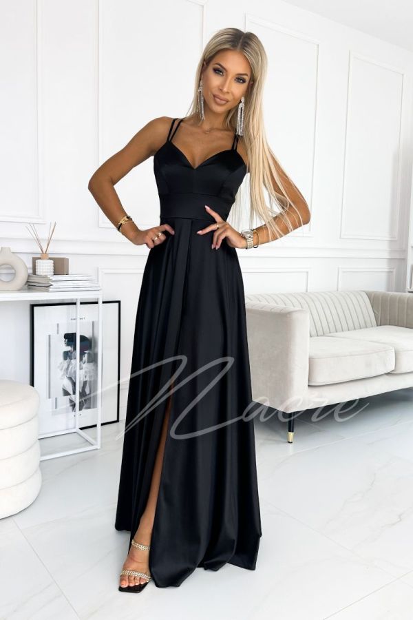 Black satin dress with double straps - Malwina
