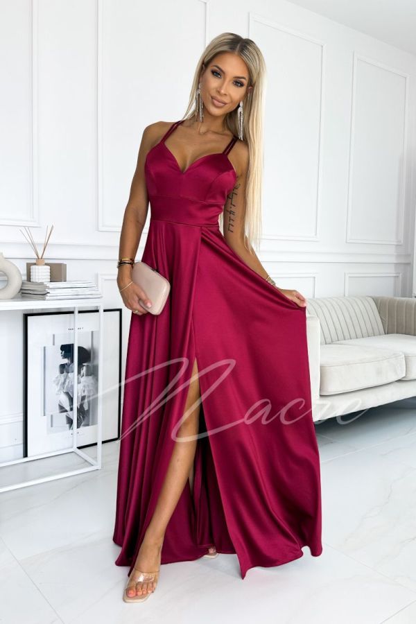 Maroon satin dress with double straps - Malwina