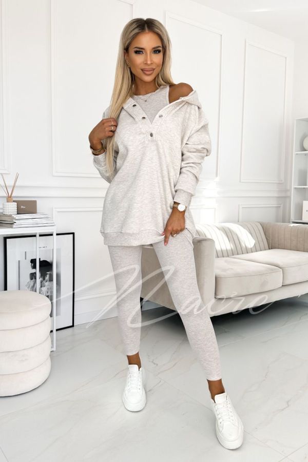 Women's three-piece set | sweatshirt, top and leggings light beige melange - Chelo