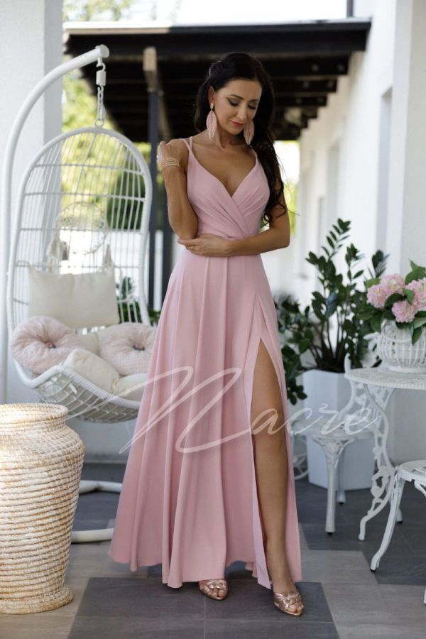 Powder pink long plain dress on thin straps with envelope neckline - Julia