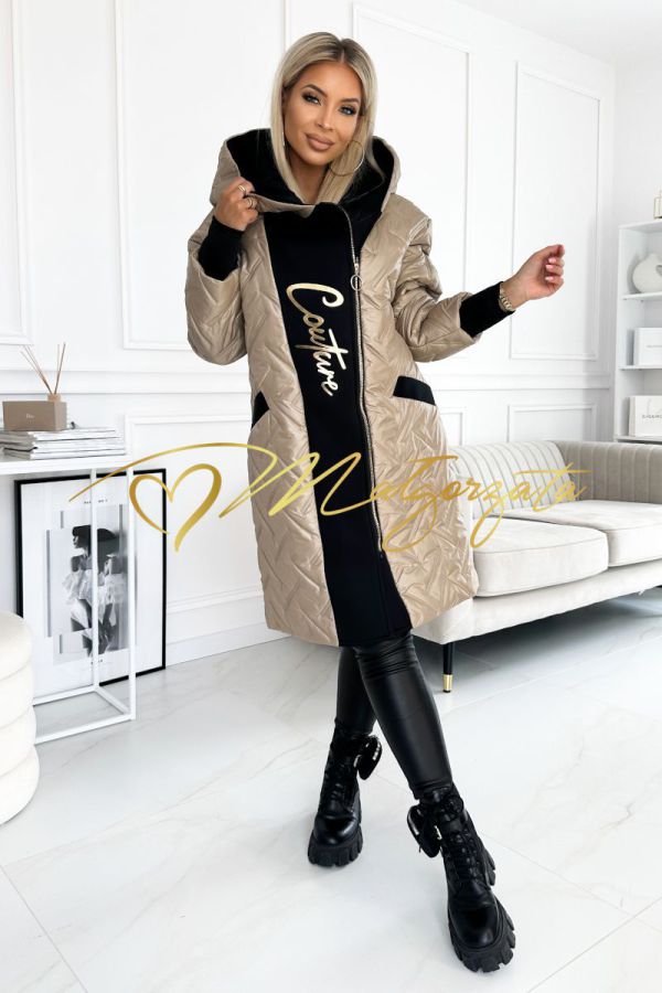 Riana - długi płaszcz damski pikowany ze złotym napisem beżowy