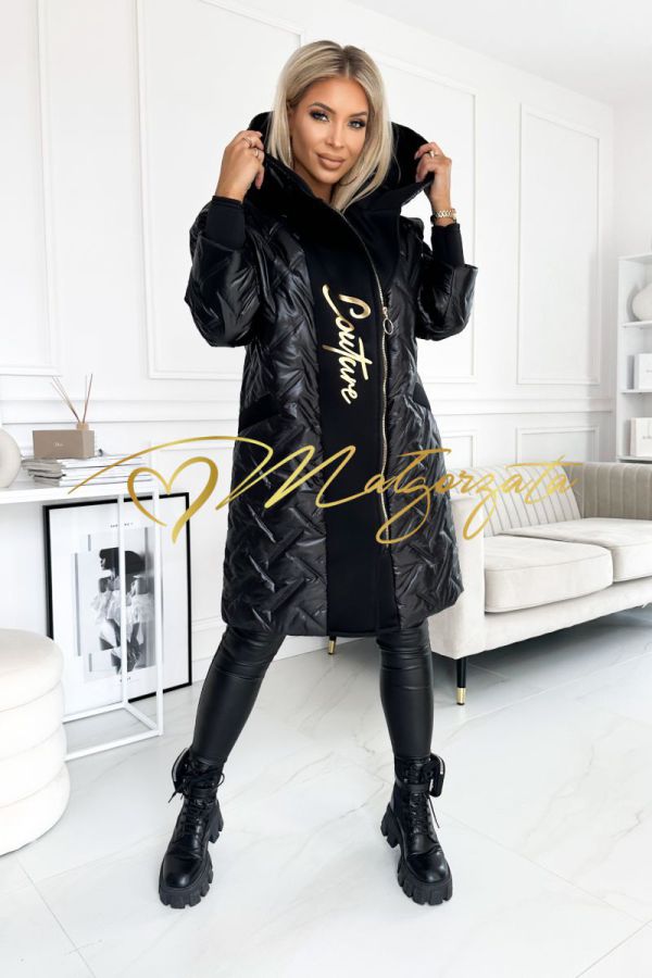 Riana - długi płaszcz damski pikowany ze złotym napisem czarny