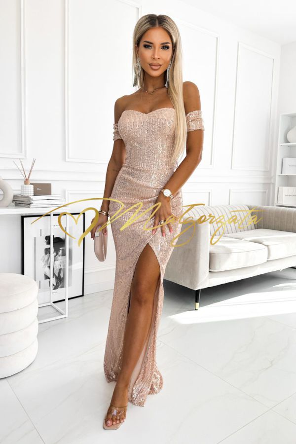 Shine - sukienka cekinowa maxi gorsetowa z opuszczanymi ramionami złota