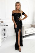 Shine - sukienka cekinowa maxi gorsetowa z opuszczanymi ramionami czarna