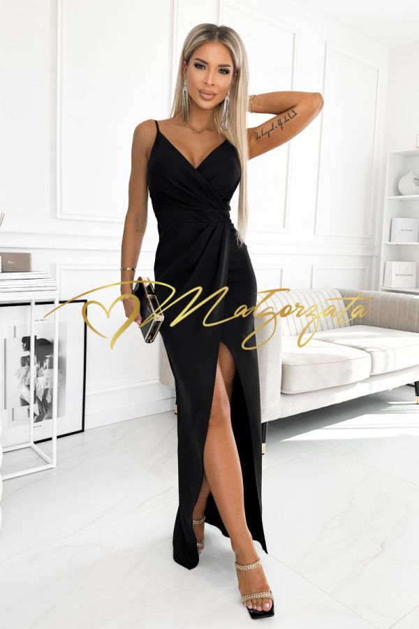 Enrica - sukienka  maxi dopasowana z kopertowym dekoltem czarna