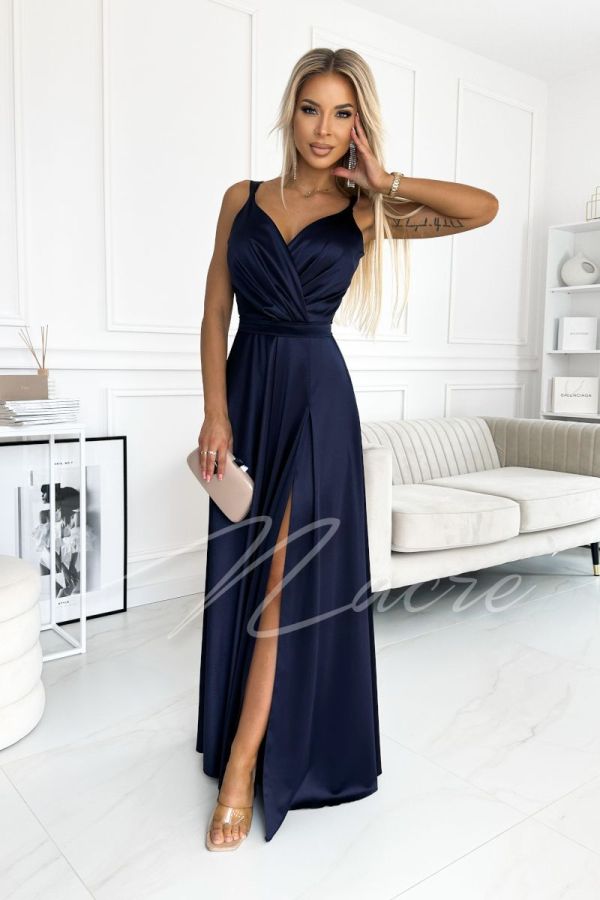 Navy blue long satin dress on thin straps with envelope neckline - Paris