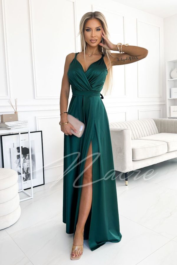 Dark green long satin dress on thin straps with envelope neckline - Paris