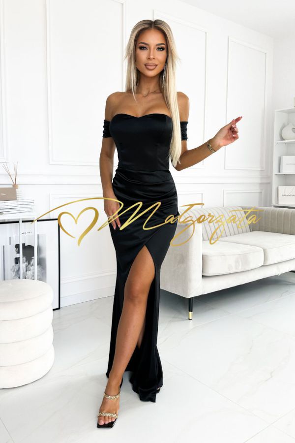 Shine - sukienka satynowa maxi gorsetowa z opuszczanymi ramionami czarna