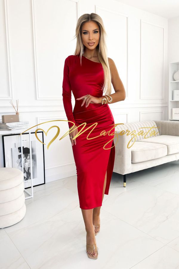 Dalia - sukienka satynowa na jedno rami臋 midi czerwona