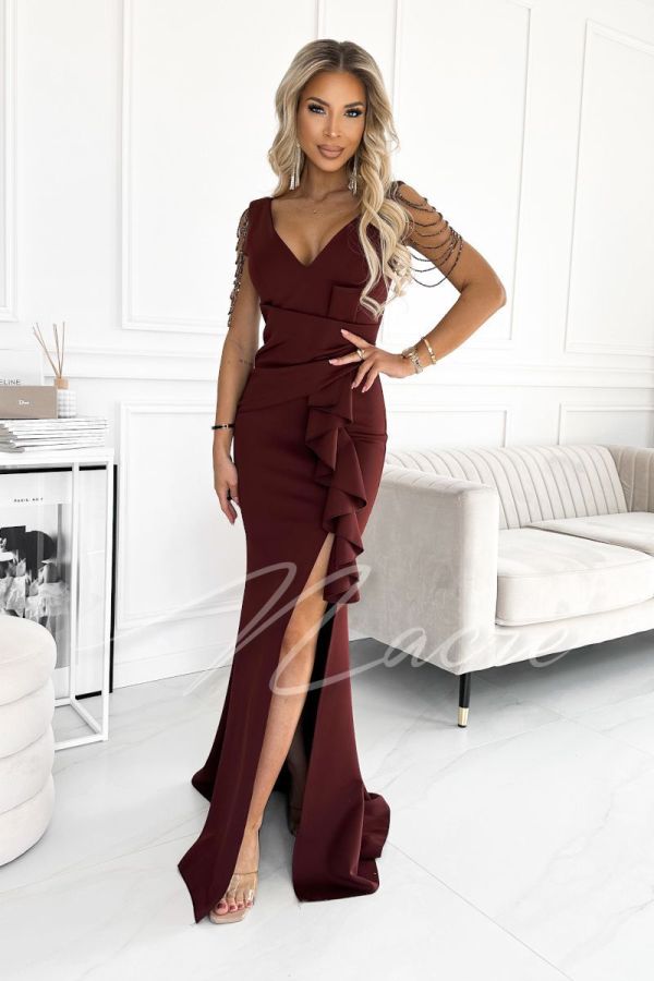 Light brown phenomenal long beaded dress - Keisha