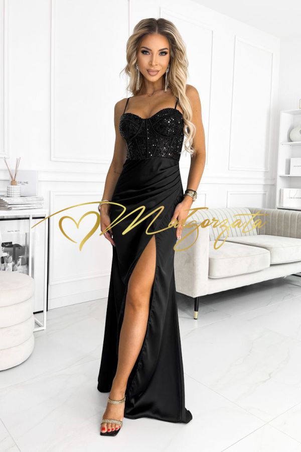 Brooklyn - sukienka z gorsetem satynowa długa czarna
